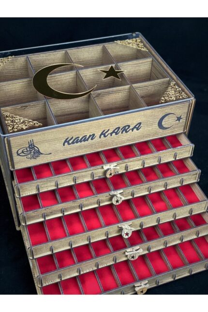 Kişiye Özel Şeffaf Kapaklı Ahşap Tesbih Ve Saat Koleksiyon Kutusu (50 TESBİH, 12 SAATLİK)