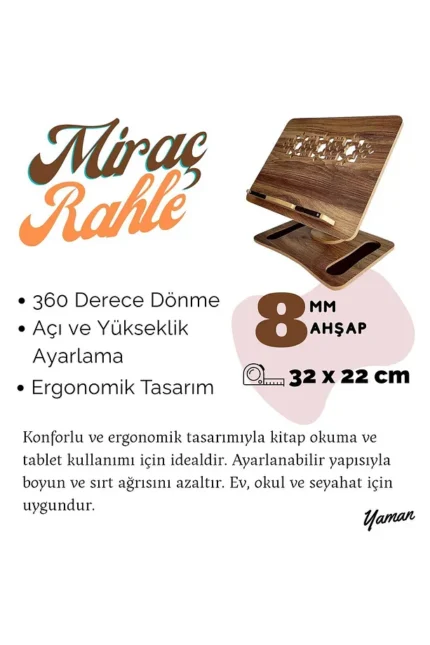 Miraç Rahle & Kitap Okuma Standı Masaüstü Ahşap Kuran Rahlesi Tablet Tutucu
