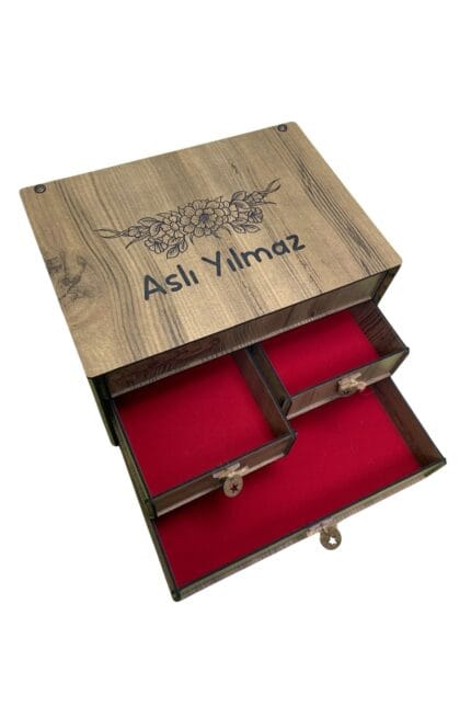 Kişiye Özel Ahşap Takı Kutusu – Kırmızı Kadife İç Kaplama, 6 Yastıklı Çekmeceli Lüks Mücevher Kutusu
